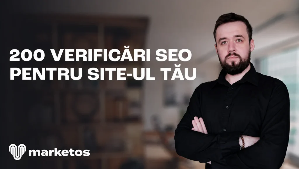 Marian lângă titlul „200 verificări SEO pentru site-ul tău”, pe coperta Marketos