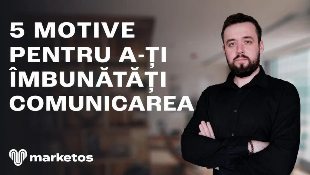 Marian Cristinescu în cămașă neagră, lângă titlul „5 motive pentru a-ți îmbunătăți comunicarea”, pe coperta Marketos