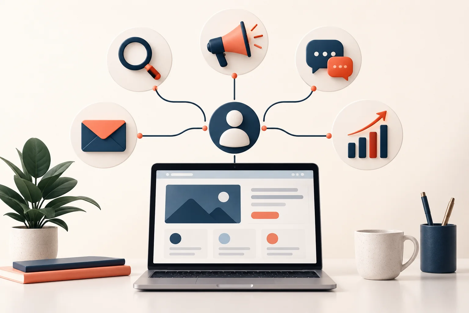 Laptop și simboluri pentru SEO, publicitate, social media, email și analiză, conectate la profilul unui client.