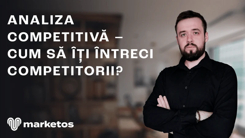 Marian Cristinescu în cămașă neagră, lângă titlul „Analiza competitivă – cum să îți întreci competitorii?”, pe coperta Marketos