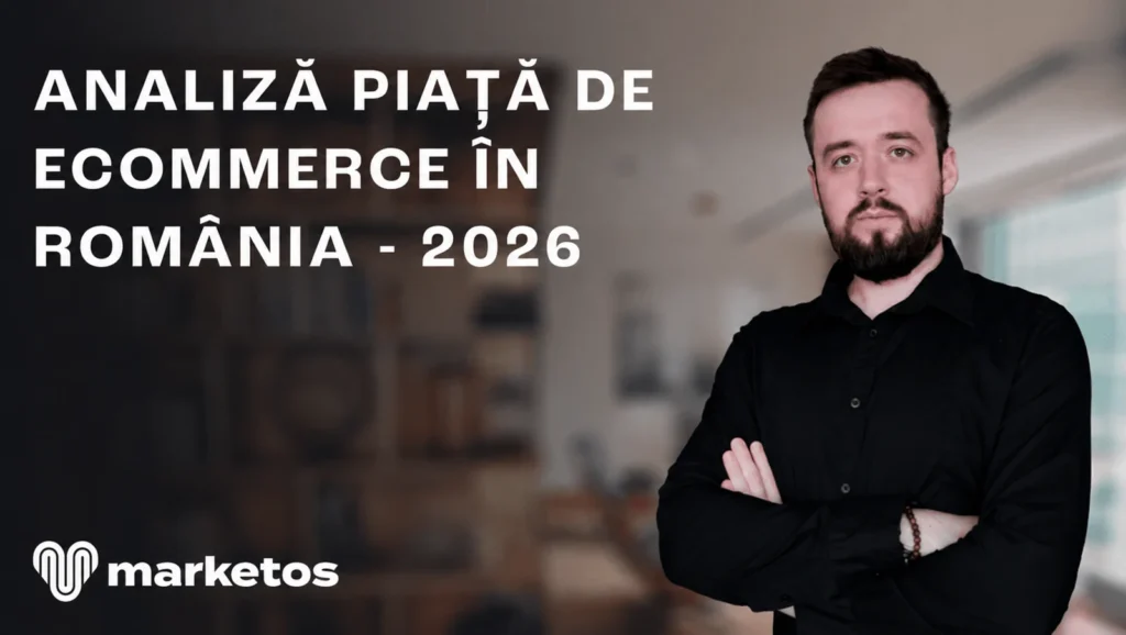 Marian în cămașă neagră, lângă titlul despre analiza pieței ecommerce din România în 2026, pe coperta Marketos