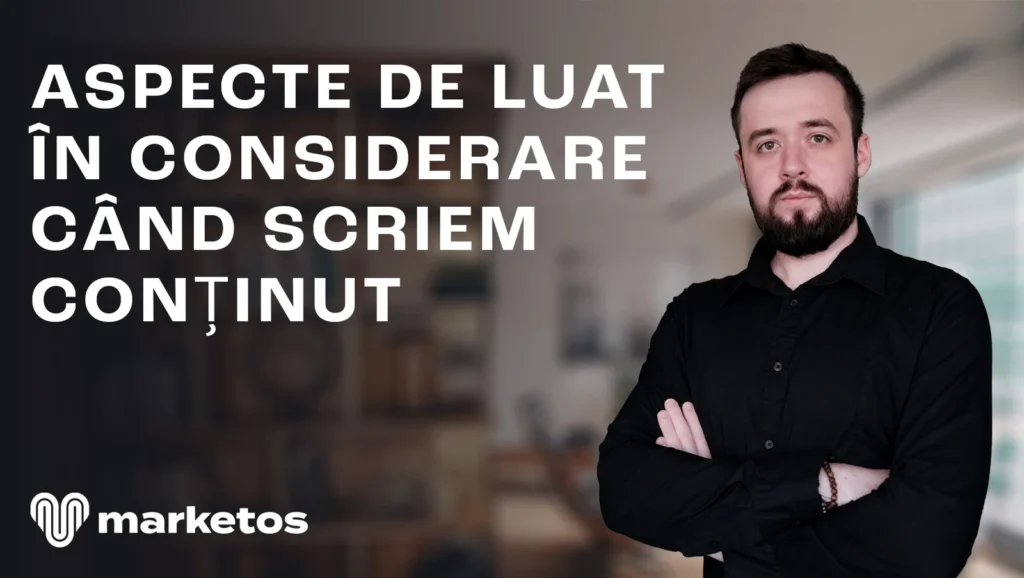 Marian lângă titlul „Aspecte de luat în considerare când scriem conținut”, pe coperta Marketos