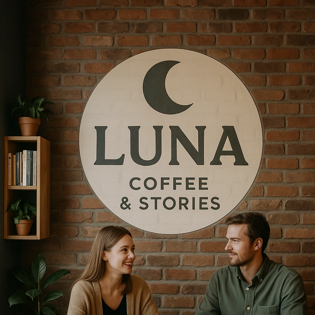 Ilustrație a cafenelei fictive Luna Coffee & Stories, cu un semn rotund pe un perete de cărămidă