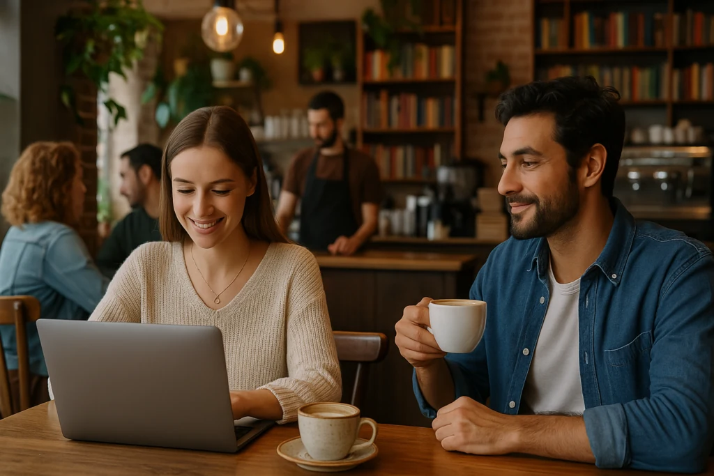 Ilustrație cu doi oameni la o masă de cafenea, cu laptop și cești de cafea