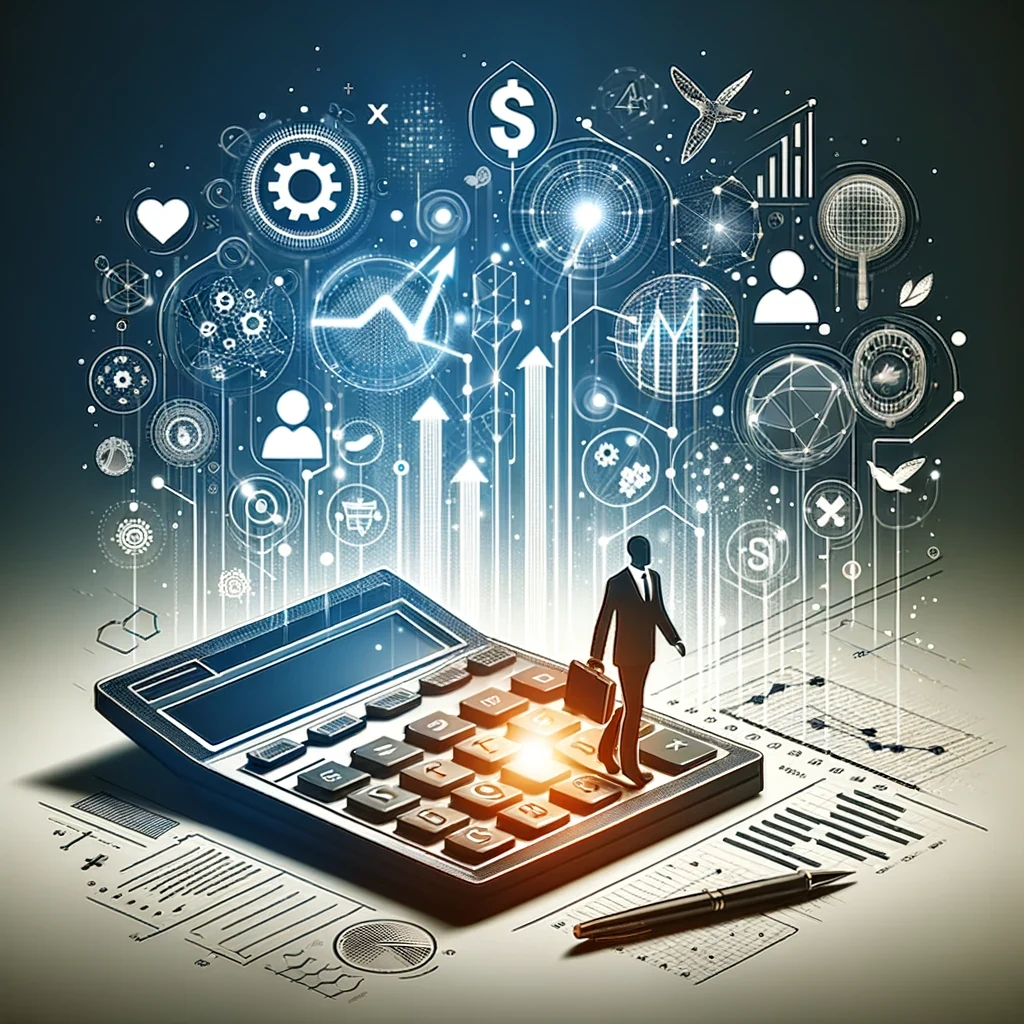 Ilustrație cu un calculator, documente contabile și simboluri financiare