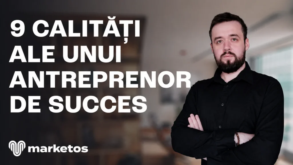 Marian Cristinescu în cămașă neagră, lângă titlul „9 calități ale unui antreprenor de succes”, pe coperta Marketos