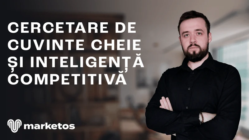 Marian Cristinescu în cămașă neagră, lângă titlul „Cercetare de cuvinte cheie și inteligență competitivă”, pe coperta Marketos