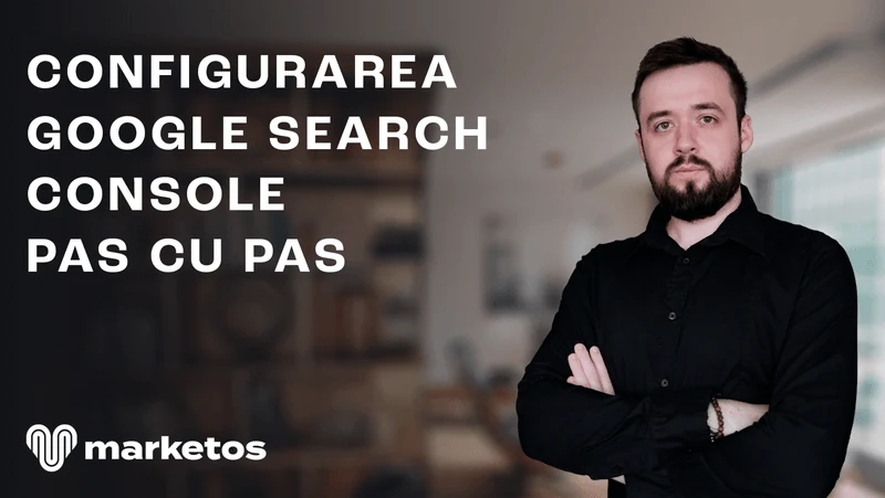 Marian în cămașă neagră, lângă titlul despre configurarea Google Search Console, pe coperta Marketos