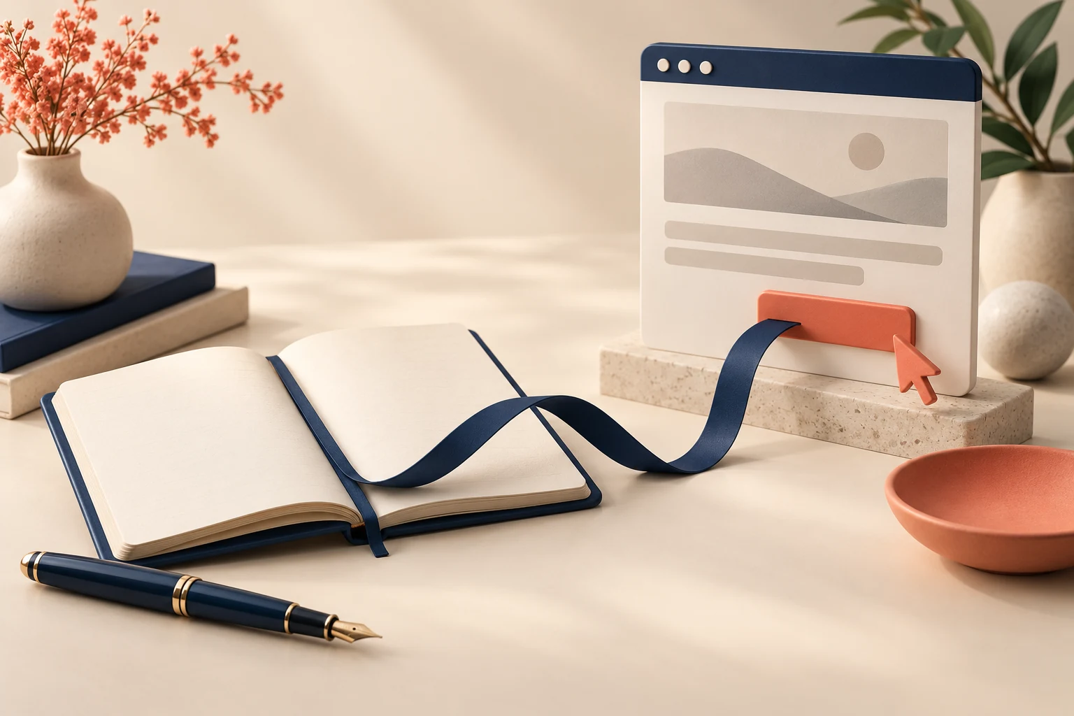 Caiet deschis și stilou, cu o panglică bleumarin care conduce spre un buton coral pe o pagină web ilustrată