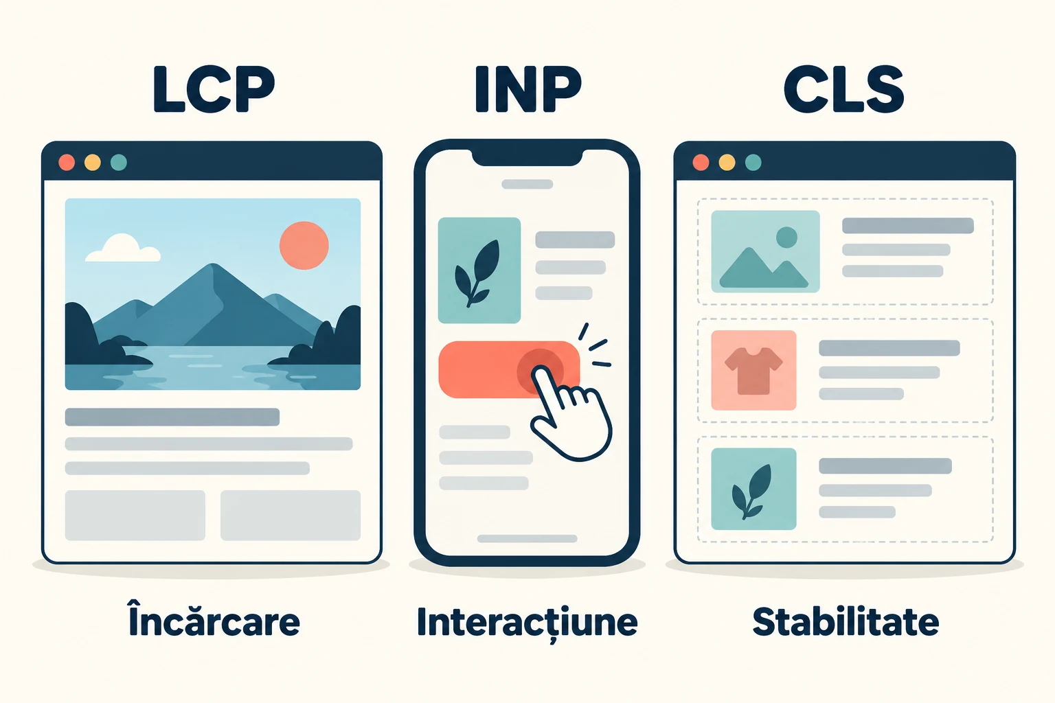 Diagramă cu panouri pentru LCP, INP și CLS, ilustrând încărcarea, interacțiunea și stabilitatea paginii