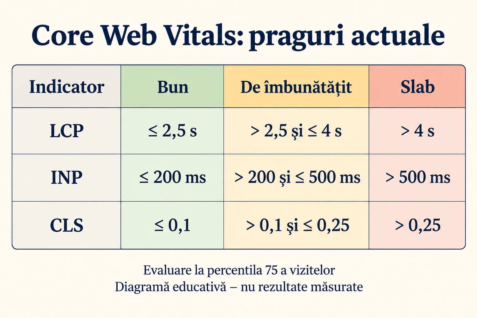 Tabel cu pragurile pentru LCP, INP și CLS și categoriile bun, de îmbunătățit și slab