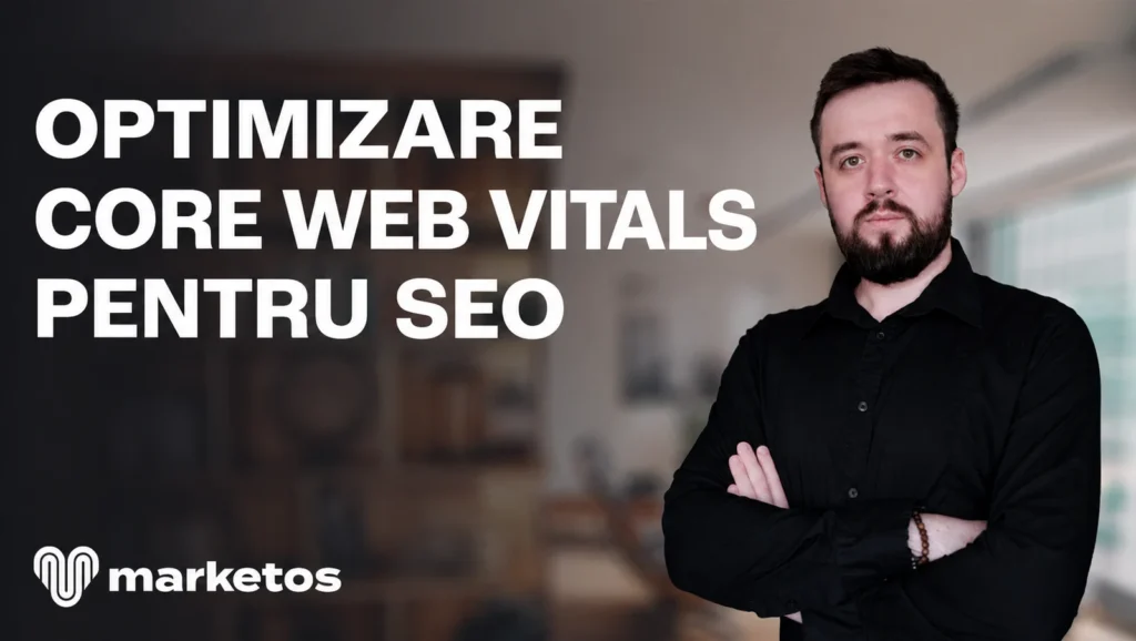 Marian Cristinescu în cămașă neagră, lângă titlul „Optimizare Core Web Vitals pentru SEO”, pe coperta Marketos