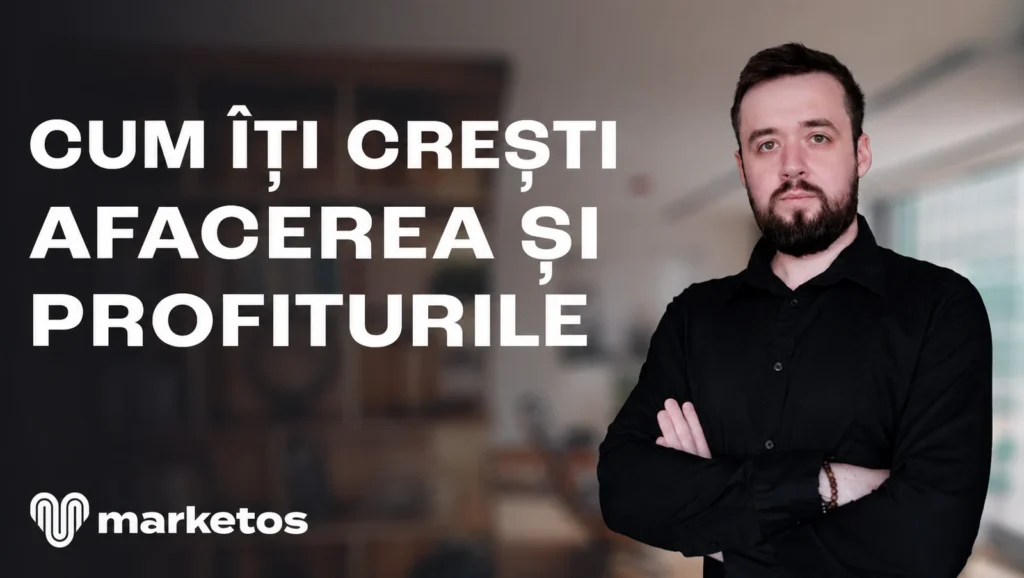 Marian Cristinescu în cămașă neagră, lângă titlul „Cum îți crești afacerea și profiturile”, pe coperta Marketos