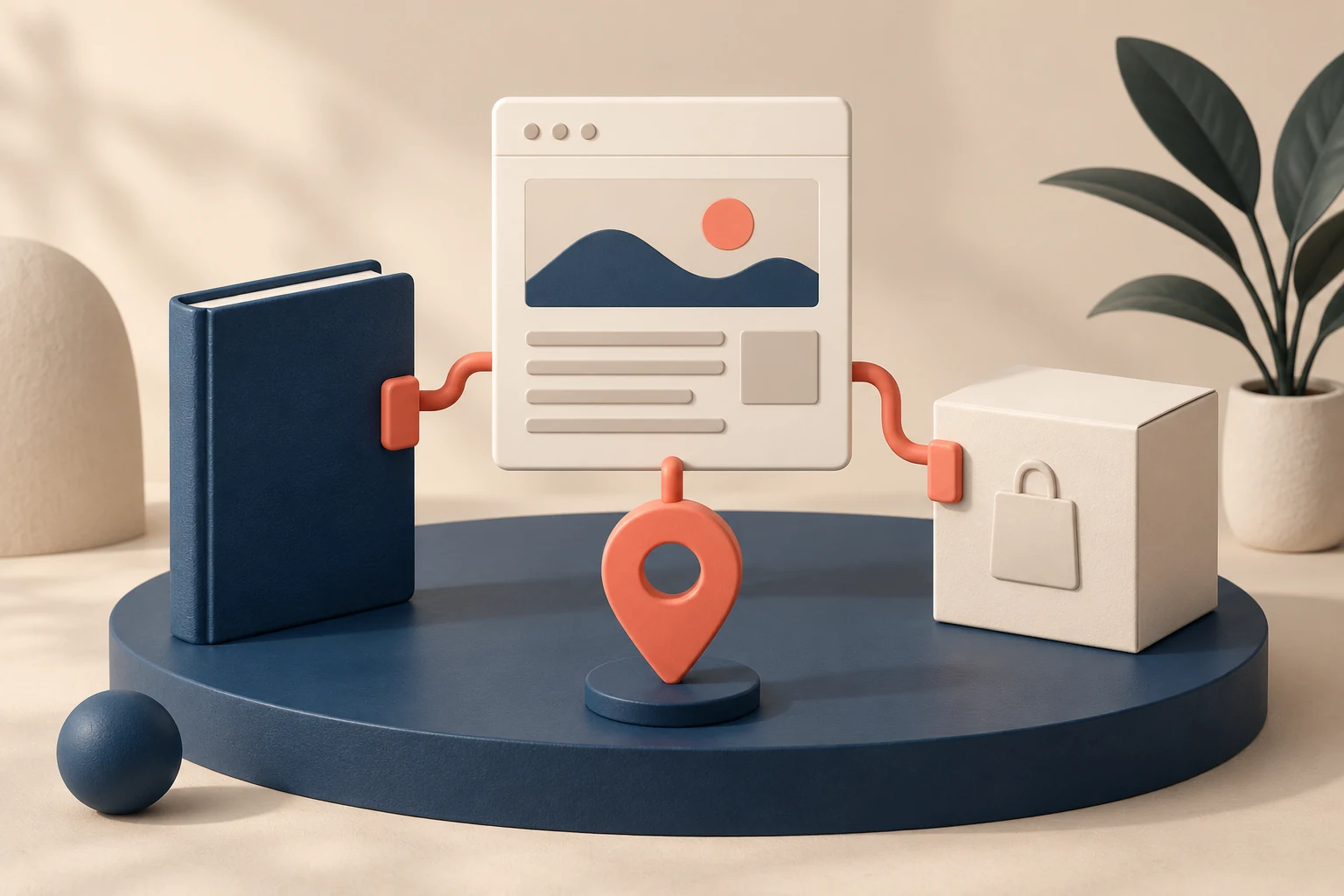 Ilustrație cu o pagină web conectată la o carte, o cutie de produs și un indicator de locație