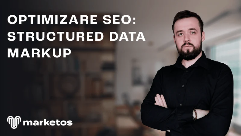 Marian în cămașă neagră, lângă titlul despre date structurate pentru SEO, pe coperta Marketos
