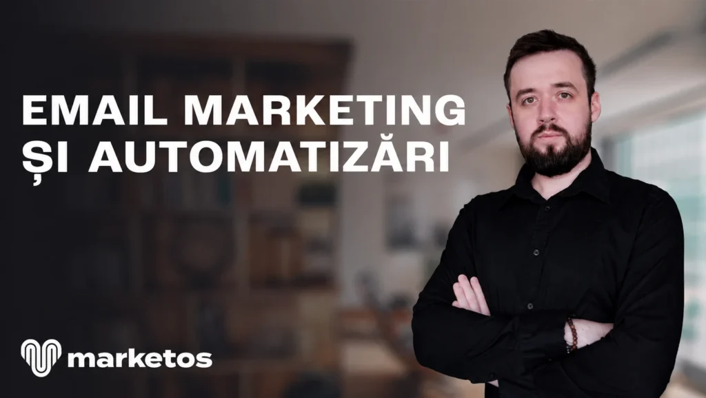 Marian lângă titlul „Email marketing și automatizări”, pe coperta Marketos