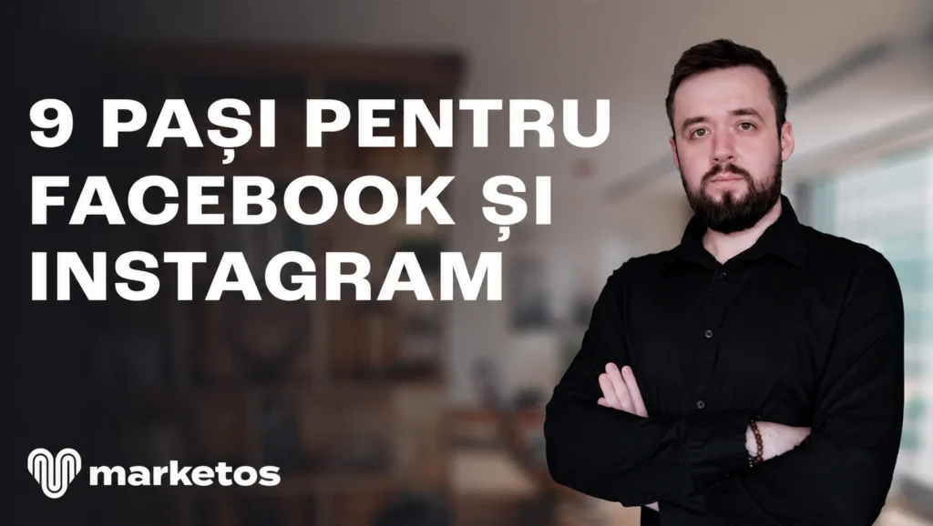 Marian în cămașă neagră, lângă titlul despre 9 pași pentru Facebook și Instagram, pe coperta Marketos