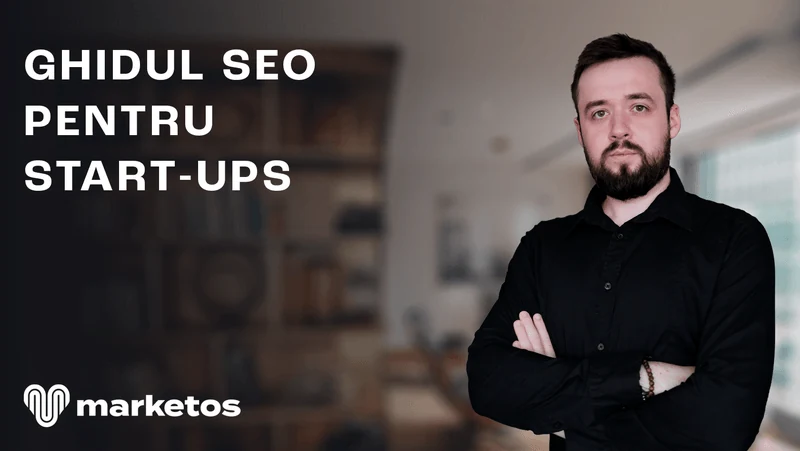 Marian în cămașă neagră, lângă titlul despre SEO pentru start-up-uri, pe coperta Marketos