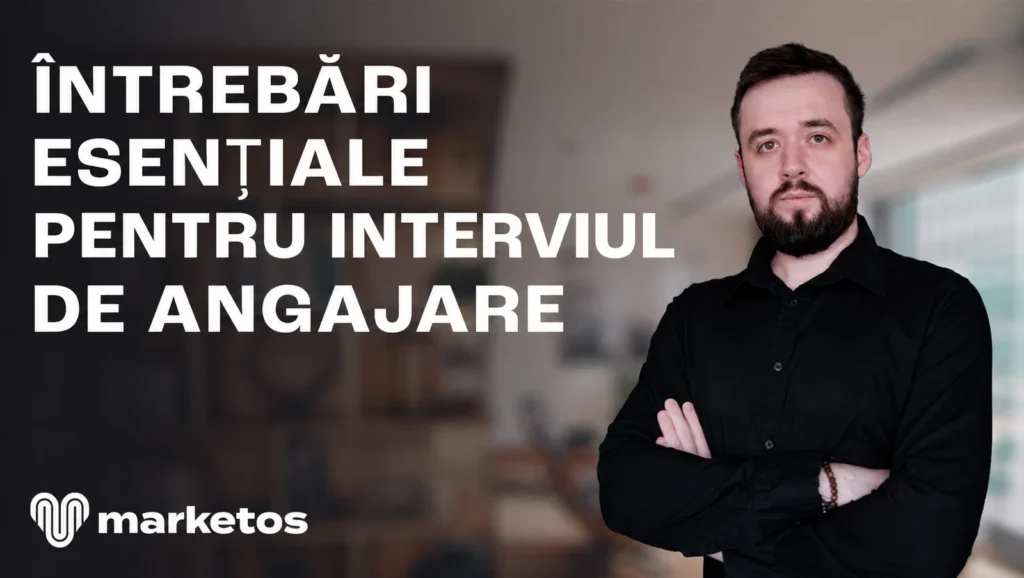 Marian Cristinescu în cămașă neagră, lângă titlul „Întrebări esențiale pentru interviul de angajare”, pe coperta Marketos