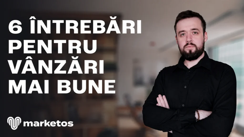 Marian Cristinescu în cămașă neagră, lângă titlul „6 întrebări pentru vânzări mai bune”, pe coperta Marketos