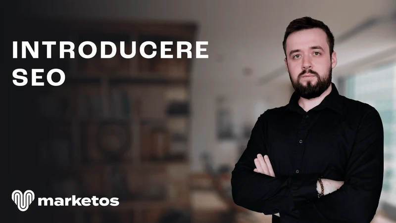 Marian Cristinescu în cămașă neagră, lângă titlul „Introducere SEO”, pe coperta Marketos
