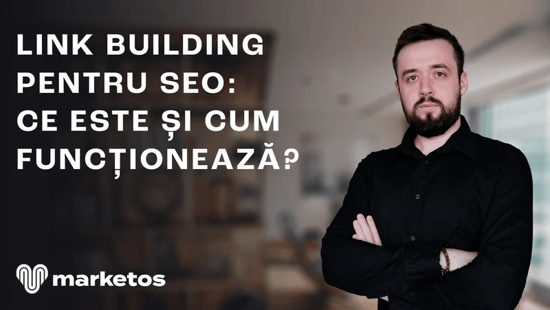 Marian în cămașă neagră, lângă titlul despre link building pentru SEO, pe coperta Marketos