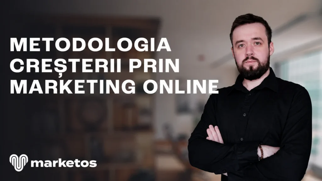 Marian lângă titlul „Metodologia creșterii prin marketing online”, pe coperta Marketos