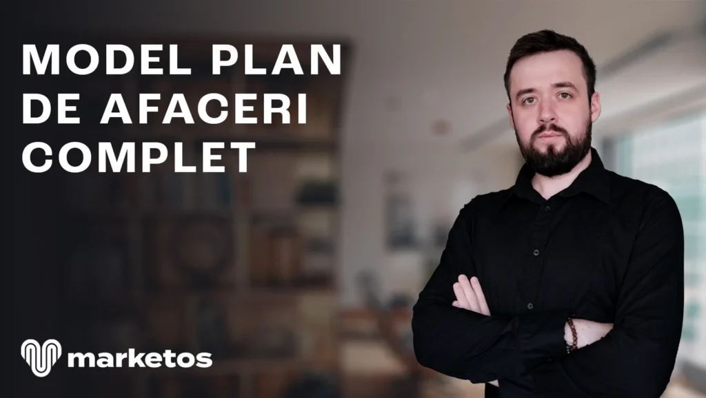 Marian lângă titlul „Model plan de afaceri complet”, pe coperta Marketos