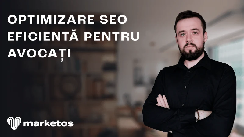Marian în cămașă neagră, lângă titlul despre SEO pentru avocați, pe coperta Marketos