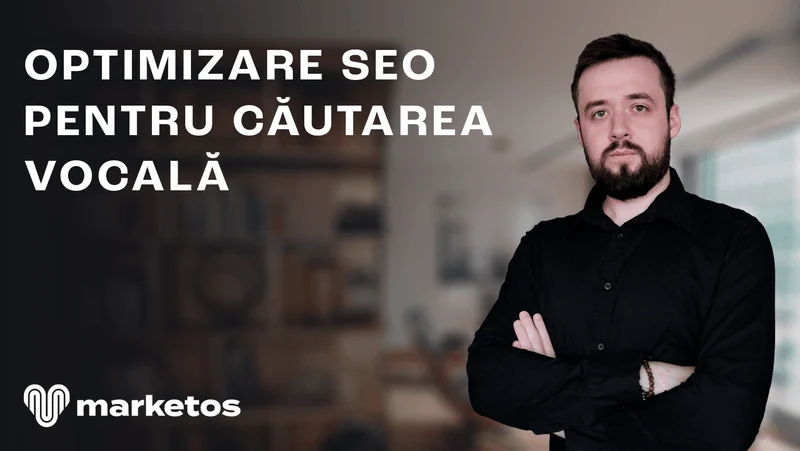 Marian în cămașă neagră, lângă titlul despre SEO pentru căutarea vocală, pe coperta Marketos