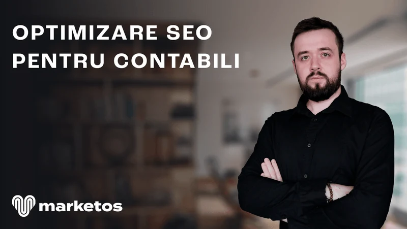 Marian în cămașă neagră, lângă titlul despre SEO pentru contabili, pe coperta Marketos