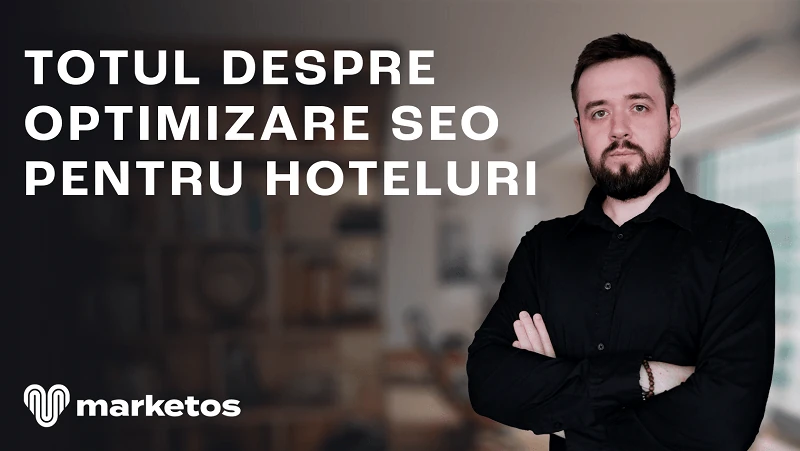 Marian lângă titlul „Totul despre optimizare SEO pentru hoteluri”, pe coperta Marketos