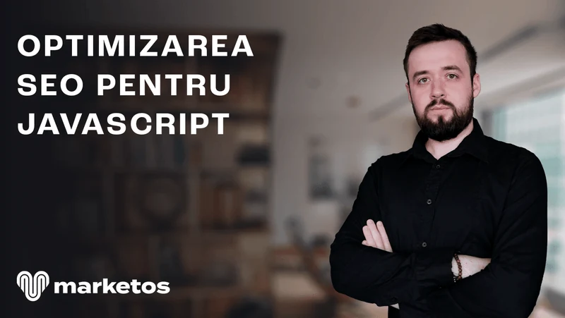 Marian în cămașă neagră, lângă titlul despre SEO pentru JavaScript, pe coperta Marketos