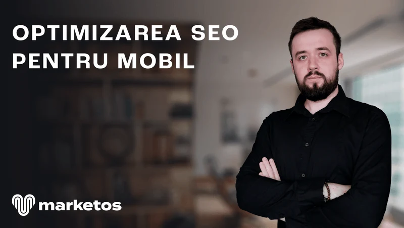 Marian în cămașă neagră, lângă titlul despre SEO pentru mobil, pe coperta Marketos