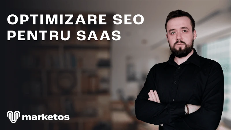 Marian lângă titlul „Optimizare SEO pentru SaaS”, pe coperta Marketos