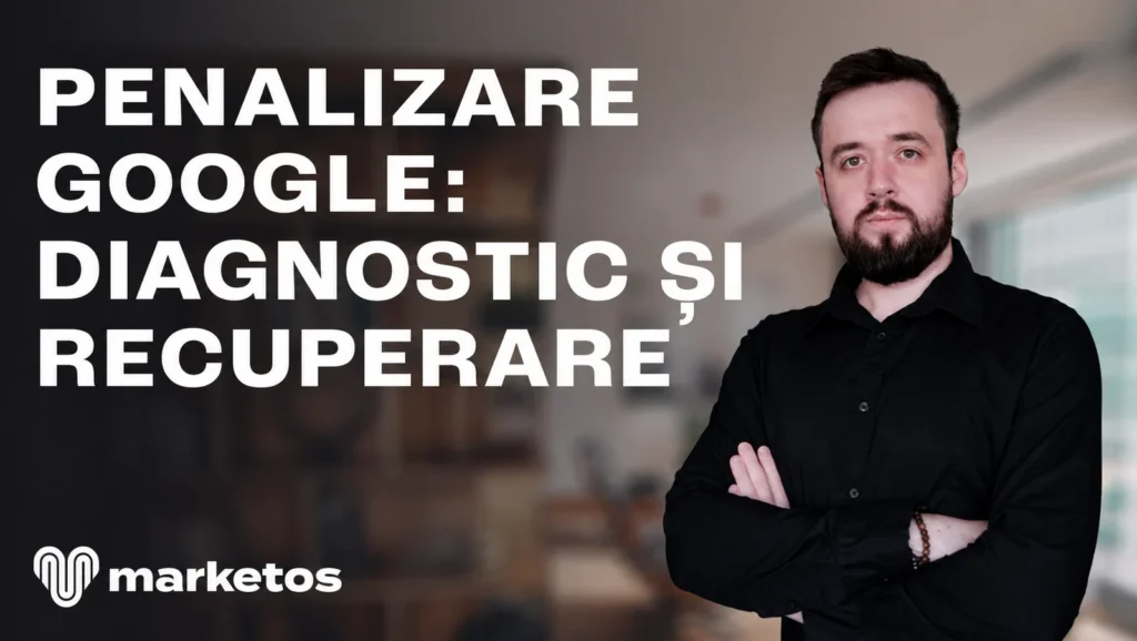 Marian Cristinescu în cămașă neagră, lângă titlul „Penalizare Google: diagnostic și recuperare”, pe coperta Marketos
