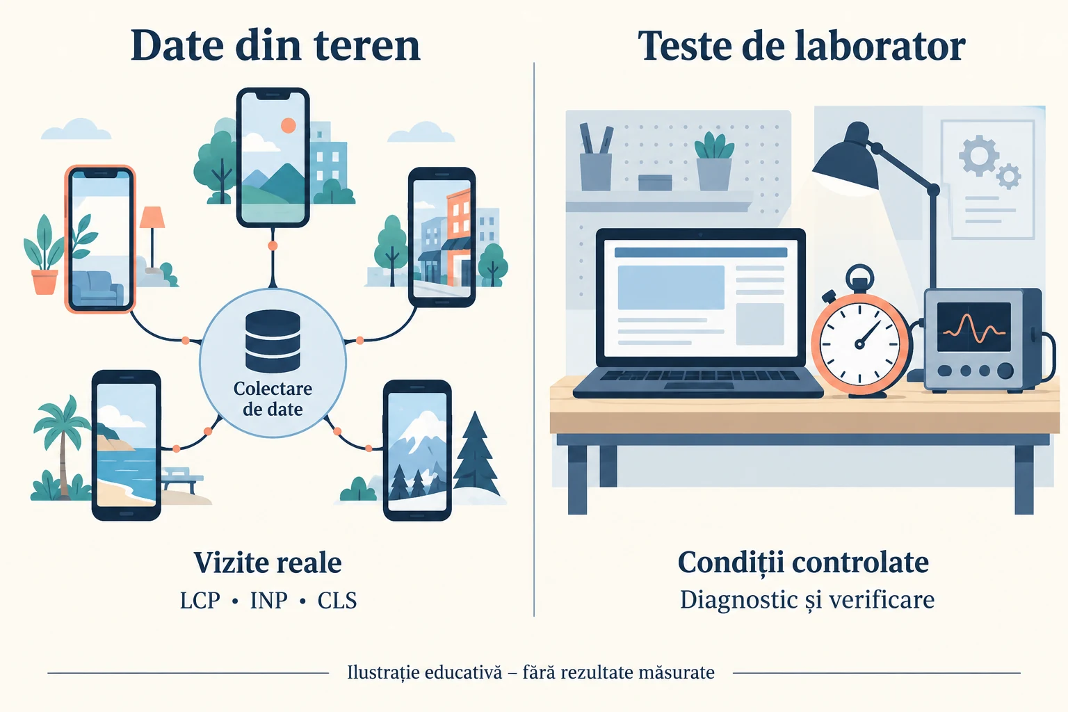 Ilustrație care compară datele din vizite reale pe telefoane cu testele de laborator pe un laptop