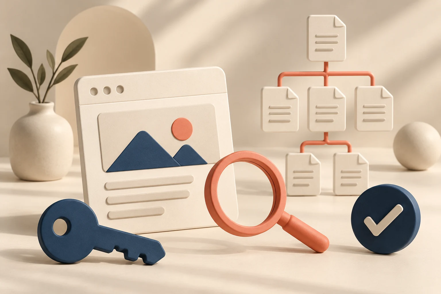 Ilustrație cu o pagină web, o cheie, o lupă, o bifă și o structură ramificată de documente