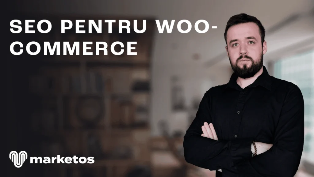 Marian lângă titlul „SEO pentru Woo-Commerce”, pe coperta Marketos