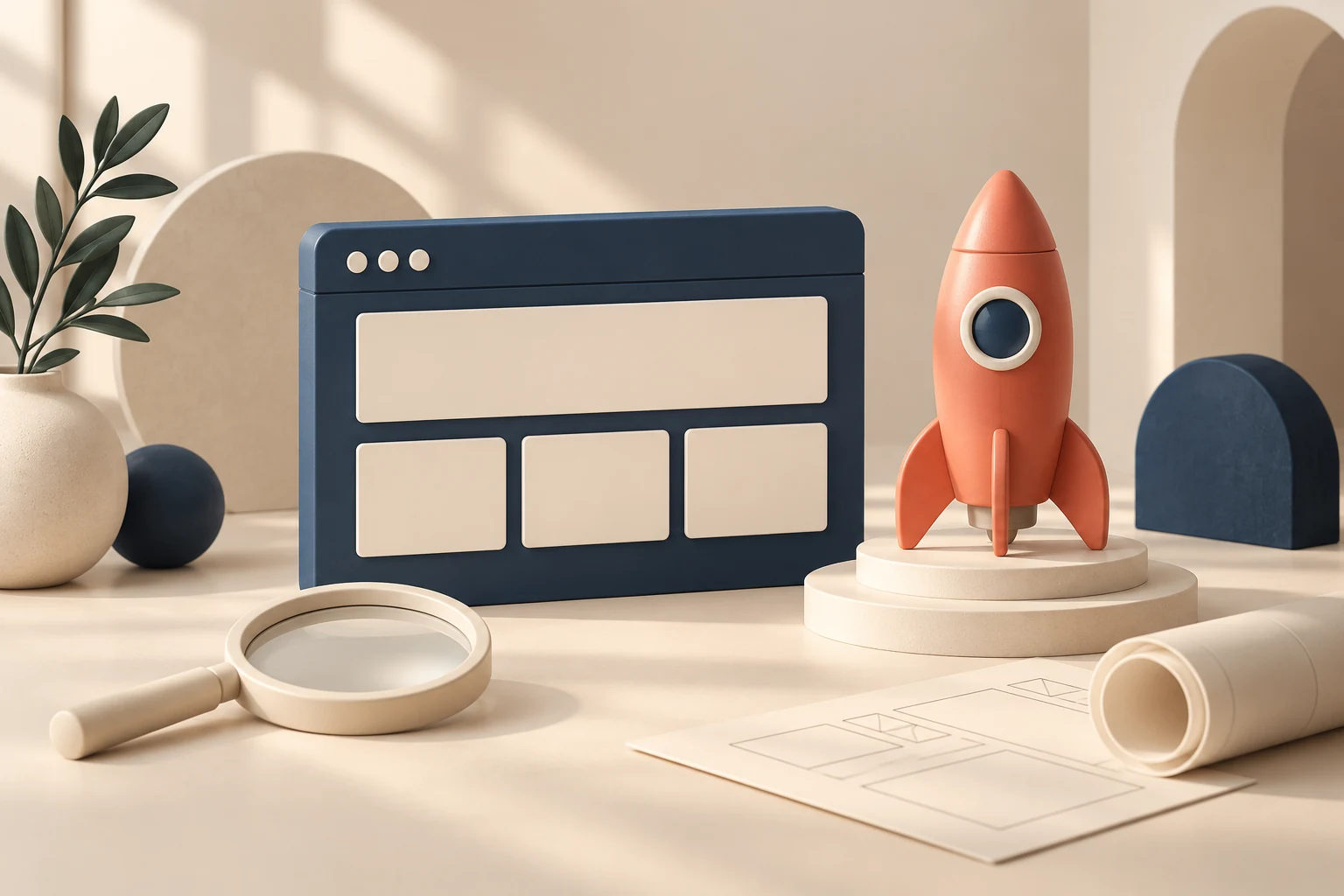 Ilustrație cu o rachetă coral pe o platformă, o pagină web sculpturală și o lupă lângă un plan de site