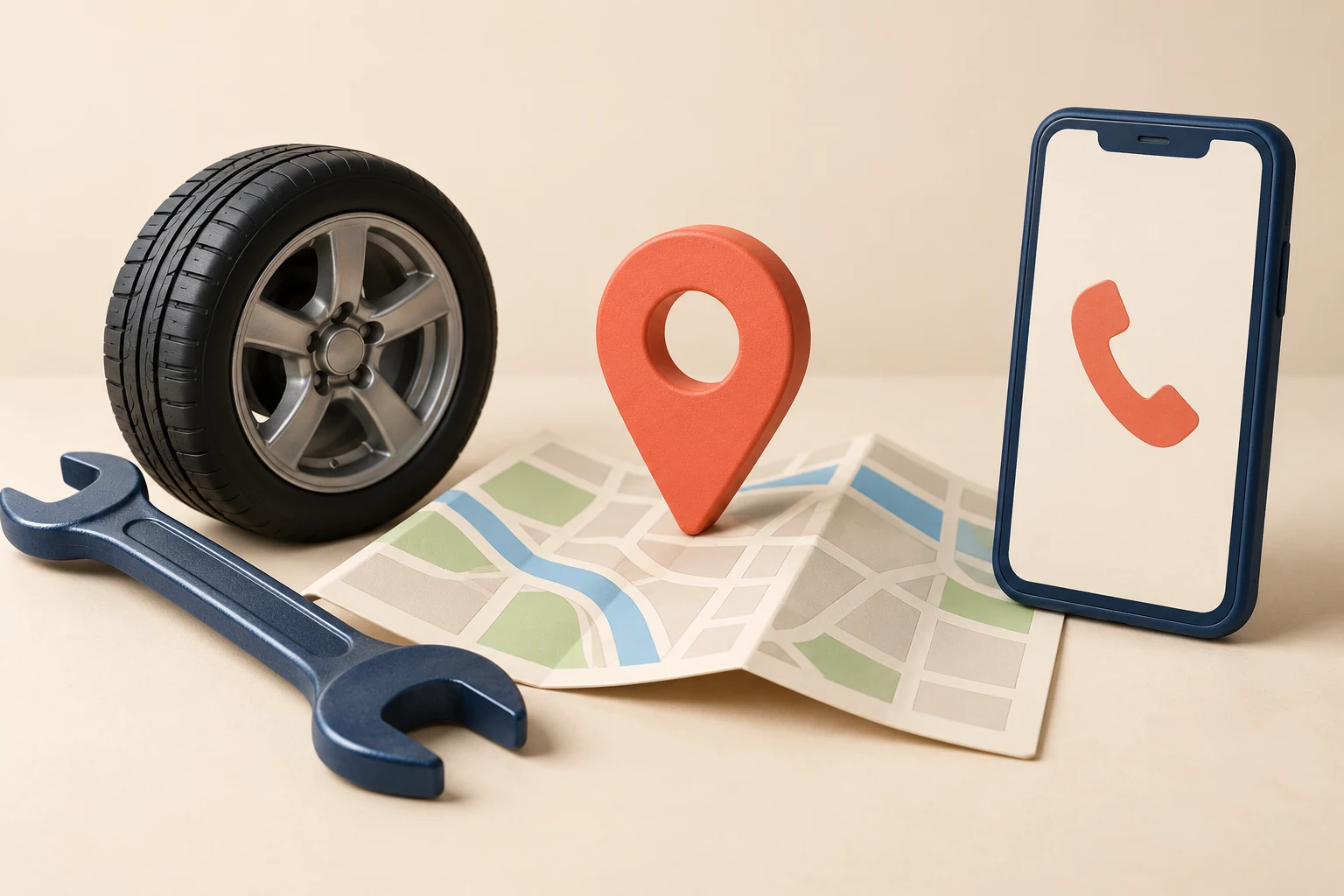 Cheie mecanică și roată auto lângă o hartă, un pin de locație și un telefon cu simbol de apel