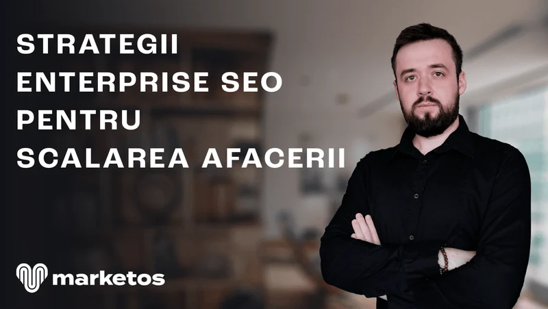 Marian în cămașă neagră, lângă titlul despre Enterprise SEO și scalarea afacerii, pe coperta Marketos