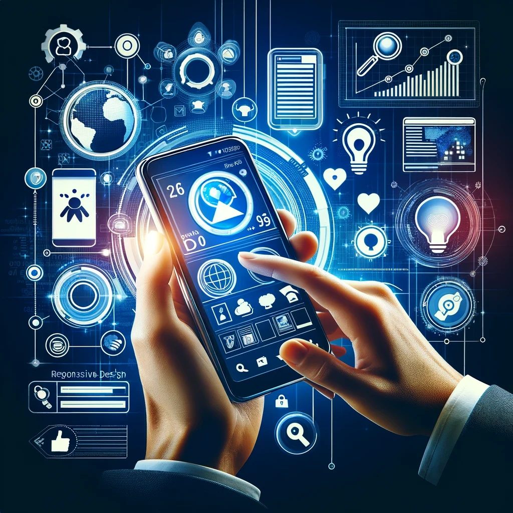 Ilustrație cu un telefon folosit cu o mână, înconjurat de simboluri digitale